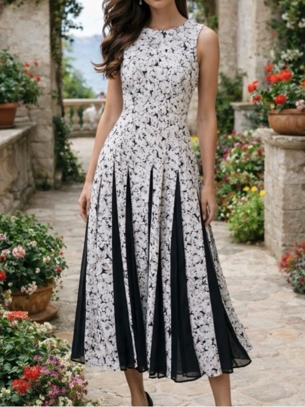 Tuckernuck Black & White Floral Paneled Midi Dress